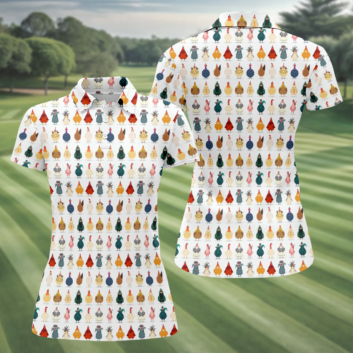 Whimsical Chicken Funny Golf Shirts Women, Cute Golf Outfit, White Polo Women, Ladies Golf Shirts