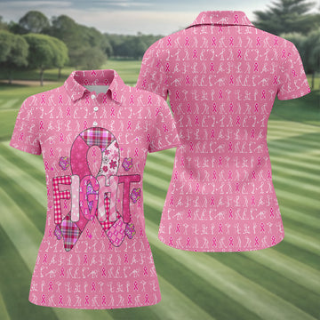 Funny Stick Figure Women's Golf Shirt, Breast Cancer Awareness Shirt, Ladies Golf Polos, Golfing Apparel