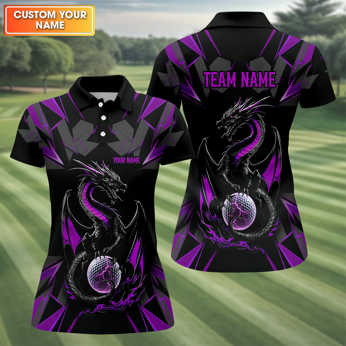 Black And Purple Dragon Golf Team Shirt, Womens Golf Tops, Ladies Golf Shirts, Golfing Apparel