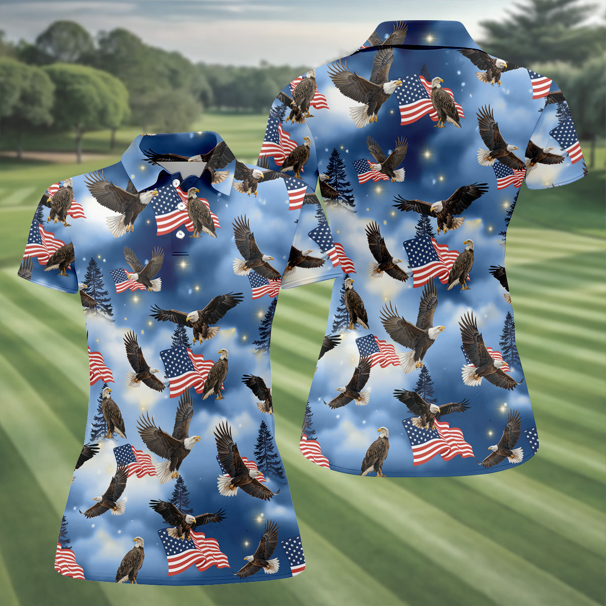 American Flag Eagle Ladies Patriotic Golf Shirts, Womens Golf Tops, Ladies Golf Shirts