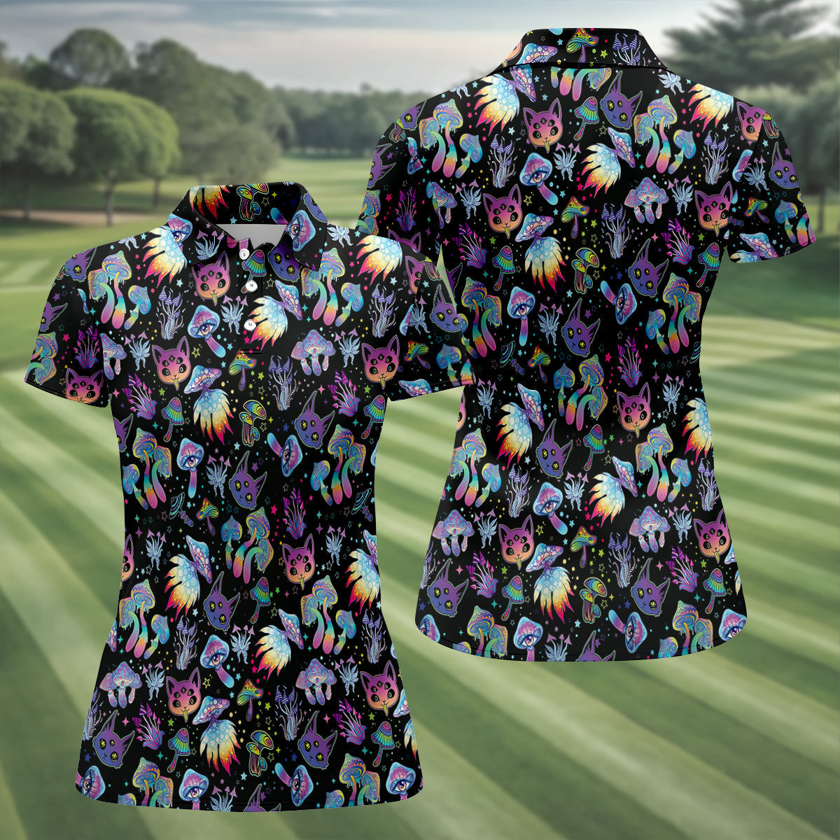 Funny Neon Cat Alien Mushroom Women Golf Shirt, Cute Golf Outfit, Ladies Golf Polos, Golfing Apparel