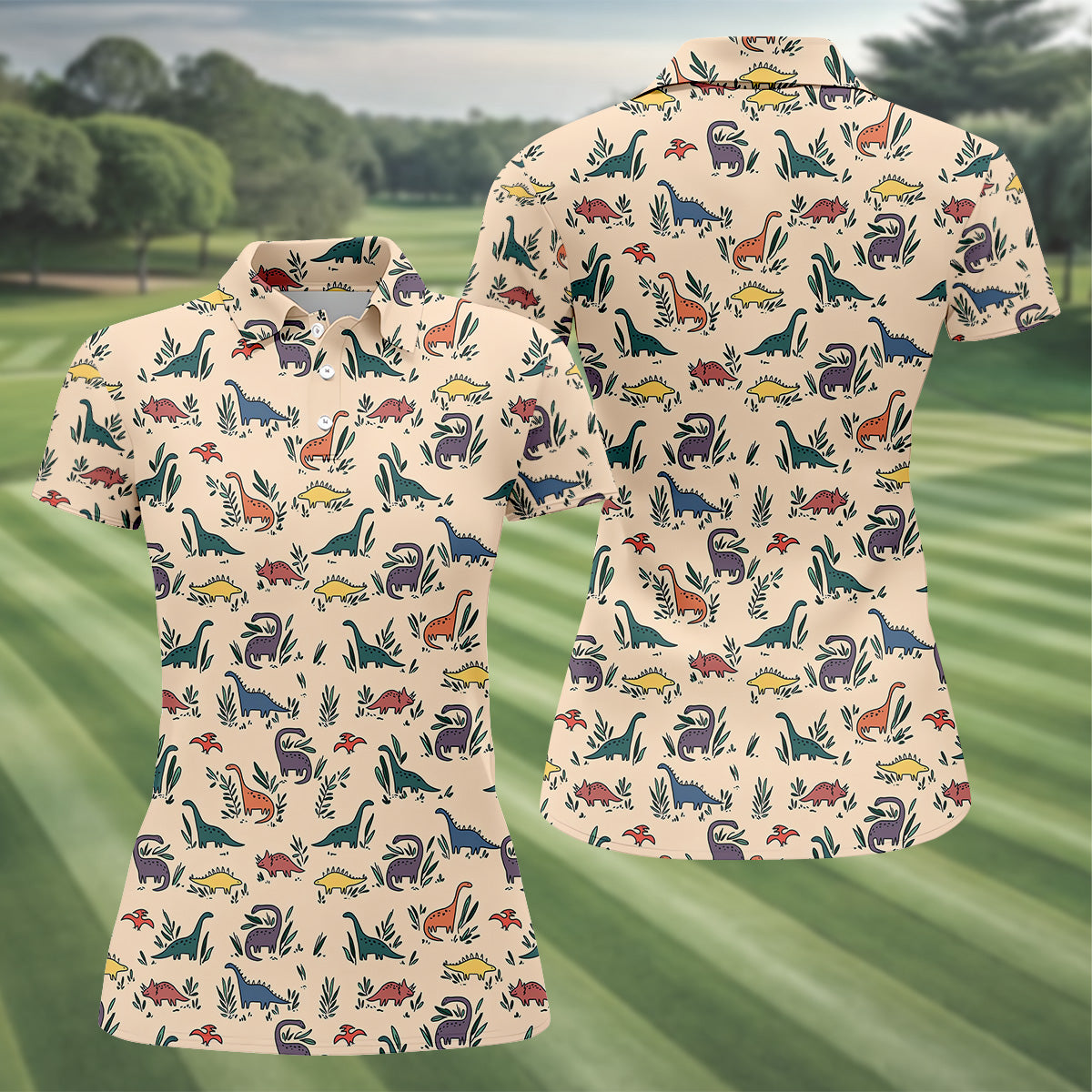 Dinosaur Polo ShirtSeamless Pattern Womens Golf Shirts, Ladies Golf Shirts, Golfing Apparel