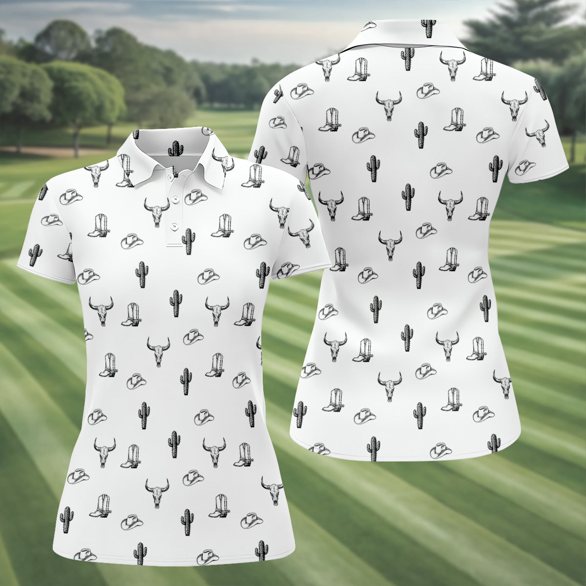 Wild West Cactus White Western Golf Shirts Women, Unique Gift For Golfer, Ladies Golf Shirts