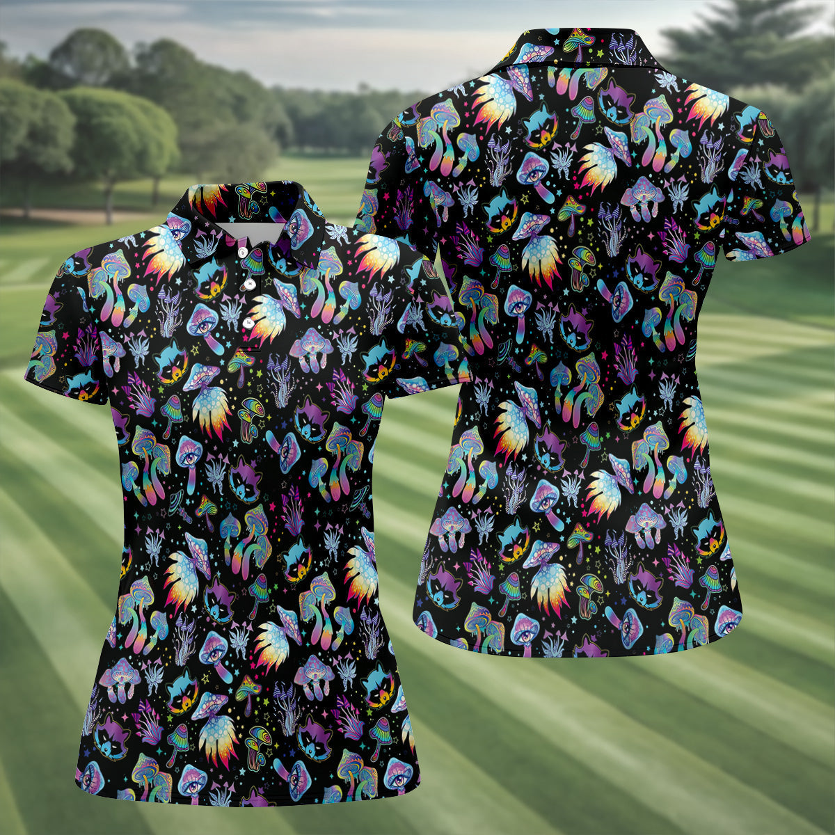 Funny Neon Cat Alien Mushroom Women Golf Shirt, Ladies Golf Polos, Cool Golf Gift