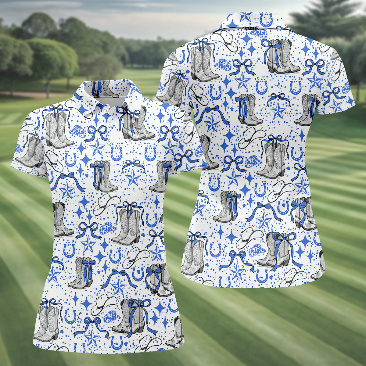 Coquette Cowgirl Boots Blue Western Golf Shirts Women, Retro Golf Shirt, Ladies Golf Polos