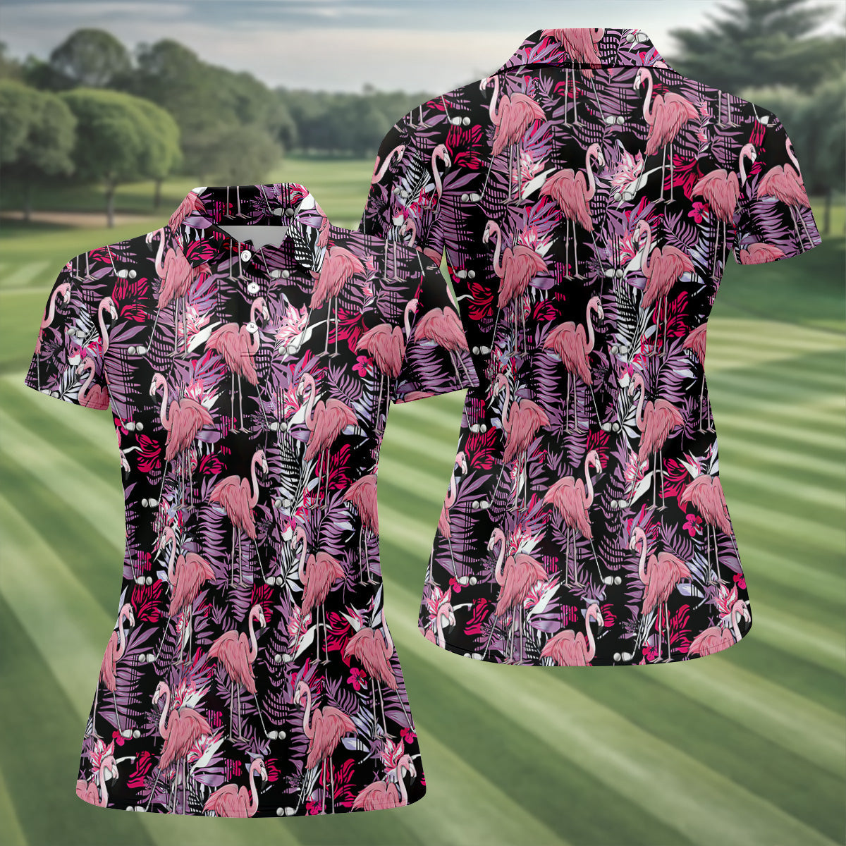 Tropical Flamingo Purple Golf Shirt, Sleeveless Women's Golf Shirts, Ladies Golf Polos, Golfing Apparel