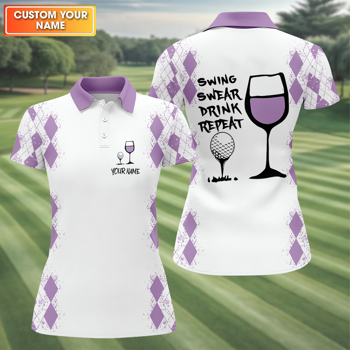 Swing Swear Drink Repeat Purple Argyle Golf Shirt, Fun Womens Golf Shirts, White Polo Women, Ladies Golf Shirts