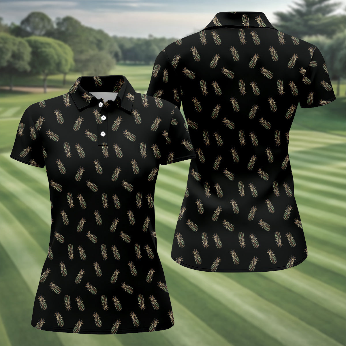 Pineapple Grenade Black Grey Women Golf Top, Cool Golf Gift, Ladies Golf Shirts, Golfing Apparel