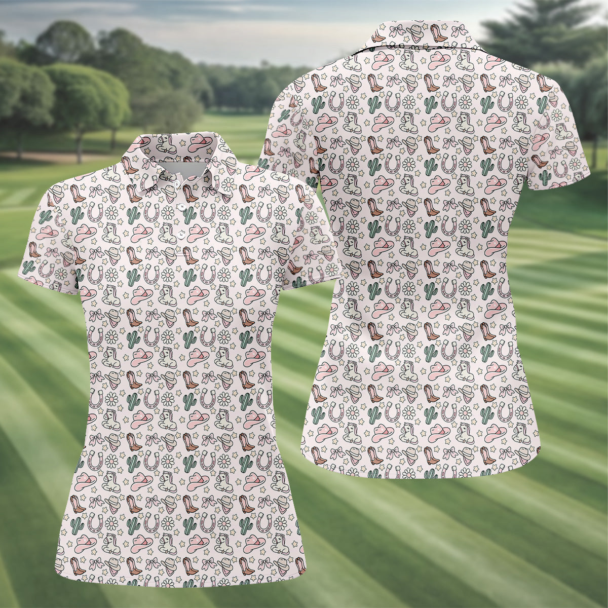 Western Cowgirl Seamless Pattern Pink Golf Shirt, Coquette Pattern Golf Shirt For Women, Ladies Golf Polos