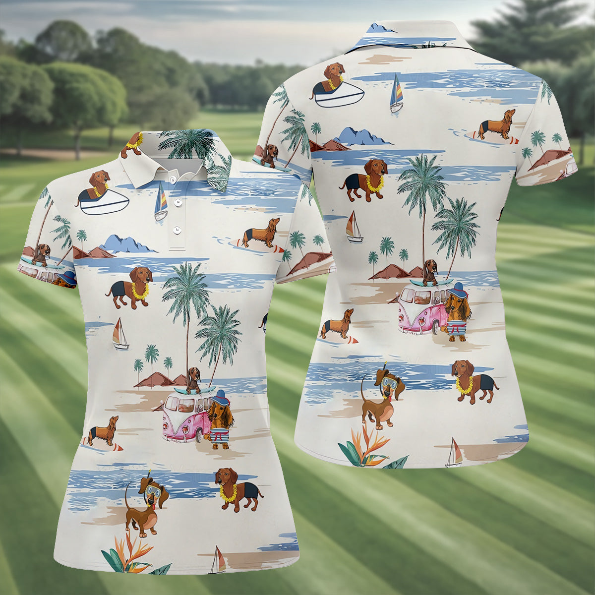 Cute Dachshund Tropical Golf Shirts, Fun Women's Golf Shirts, Ladies Golf Tops, Gifts For Dog Lovers
