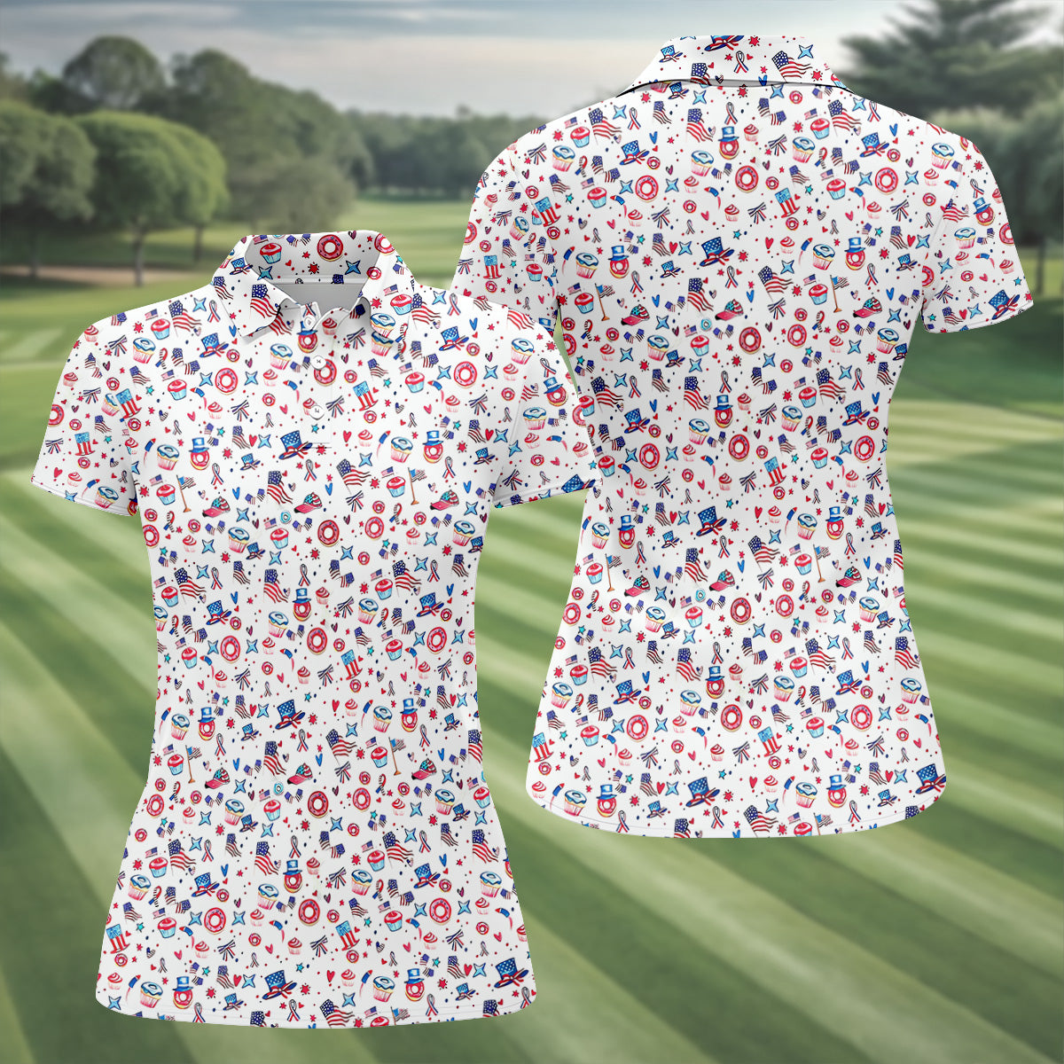 American Flag Donut Pattern Fun Women's Golf Shirts, Ladies Patriotic Golf Shirts, Women's Polo Shirt
