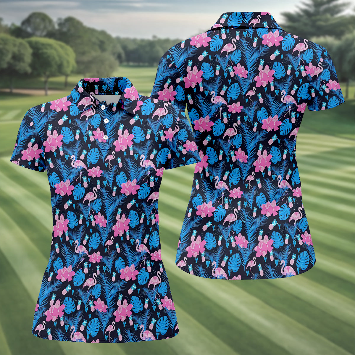 Flamingo Pink Pink And Blue Tropical Golf Shirts, Ladies Sleeveless Polo, Women's Golf Tops