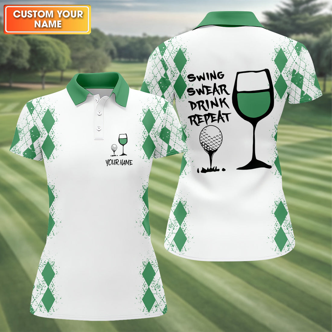 Swing Swear Drink Repeat Green Argyle Golf Shirt, Fun Womens Golf Shirts, White Polo Women, Ladies Golf Shirts