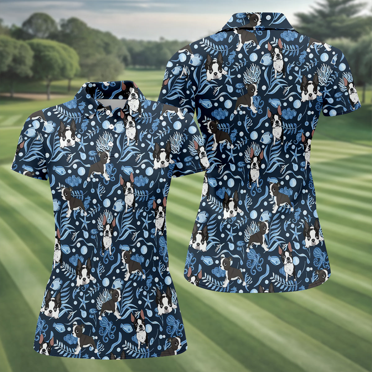 Boston Terrier Ocean Vibe Blue Tropical Golf Shirts, Fun Women's Golf Shirts, Gifts For Dog Lovers