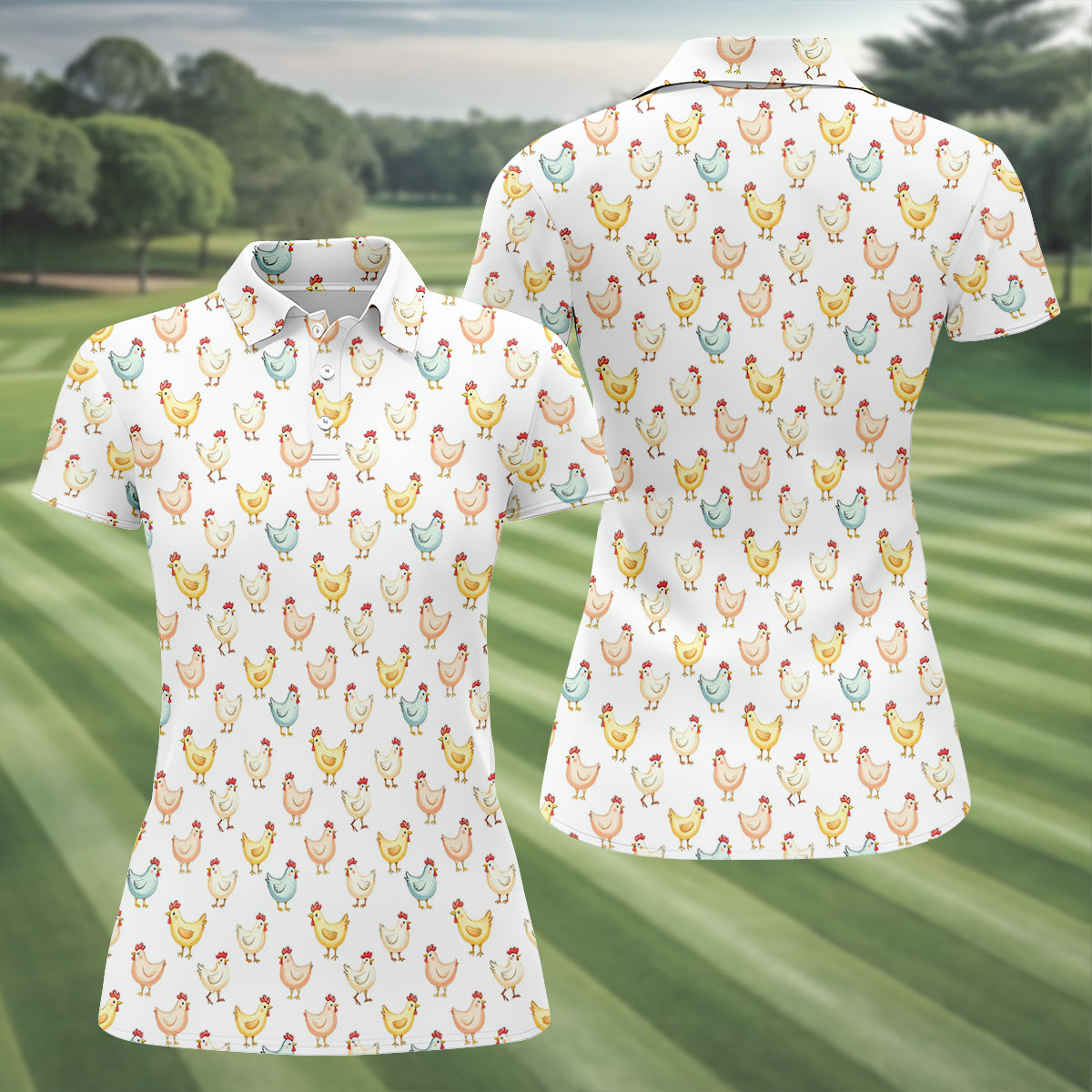 Chicken Rooster White Women Golf Top, Gift For Chicken Lover, Ladies Golf Shirts, Women's Polo Shirt
