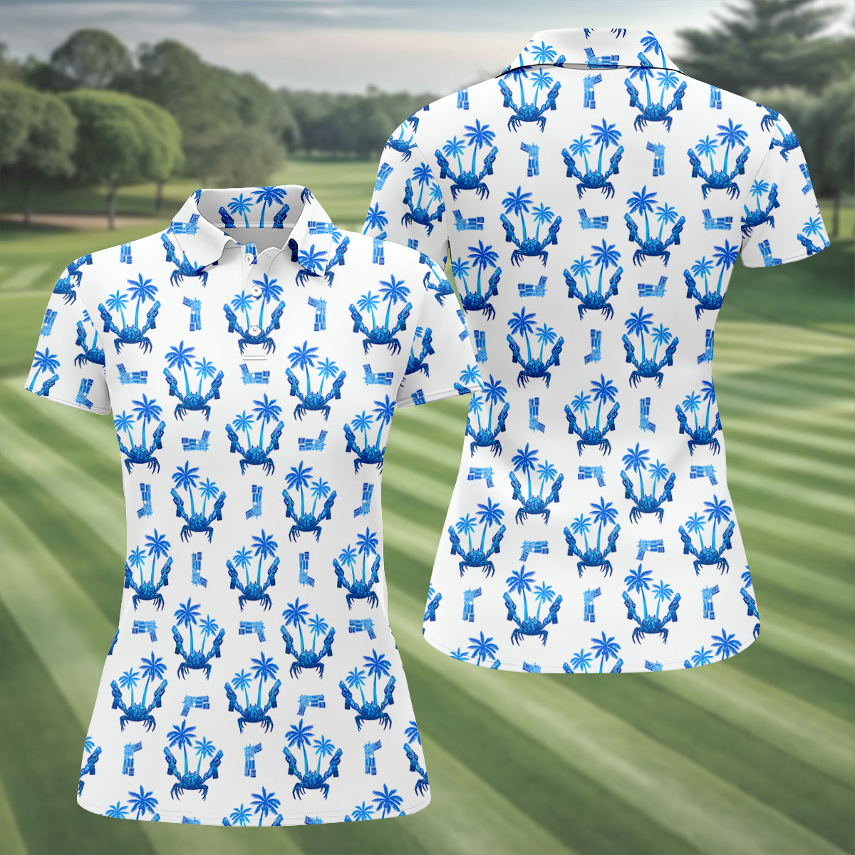The Blue Crab Tropical Golf Shirts, Ladies Golf Shirts, Golf Gifts For Women, Golfing Apparel