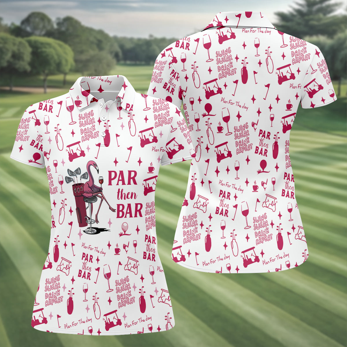 Swing Swear Drink Repeat Par Then Bar Flamingo Golf Shirt, Women's Golf Tops, Golf Shirt For Women