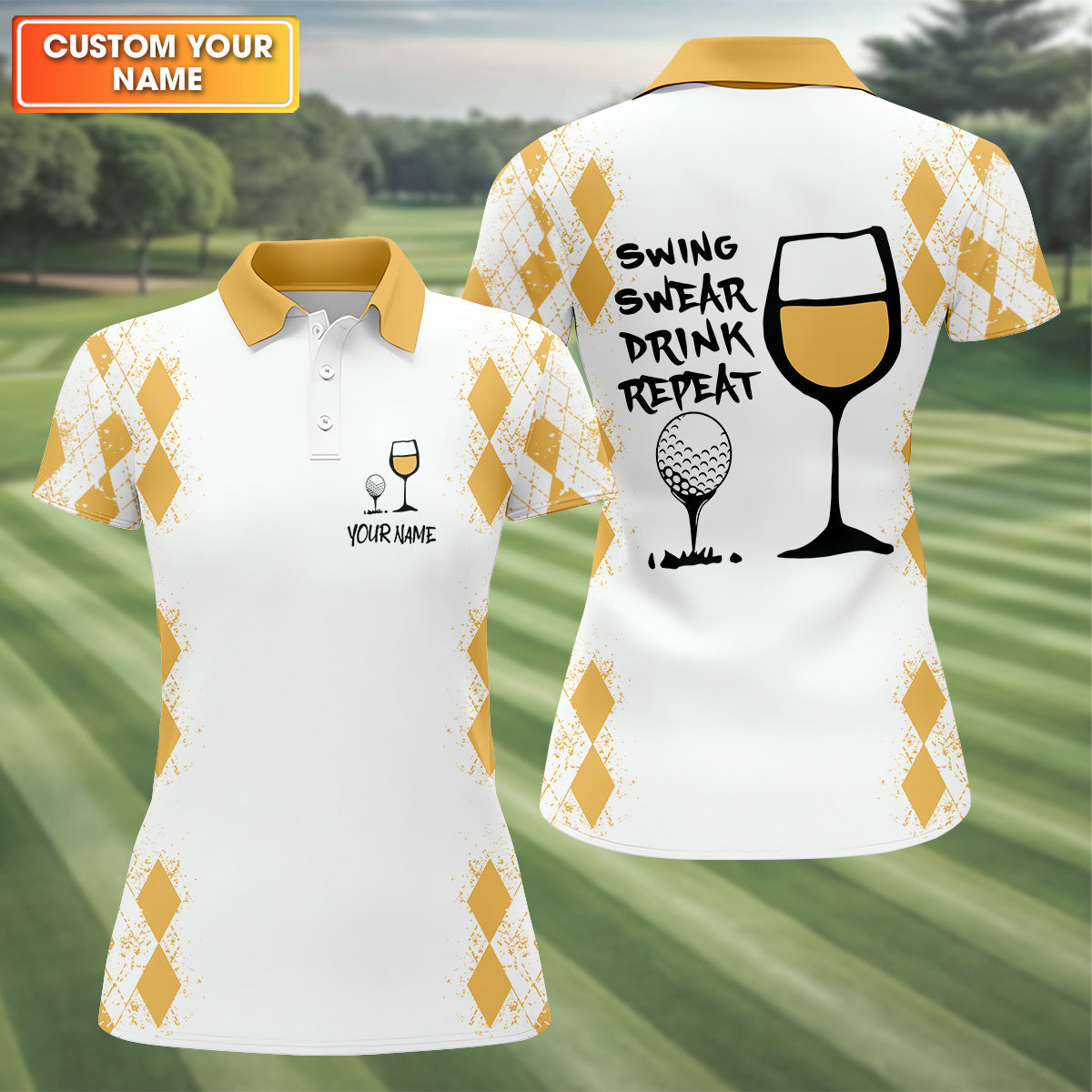 Swing Swear Drink Repeat Yellow Argyle Golf Shirt, Fun Womens Golf Shirts, White Polo Women, Ladies Golf Shirts