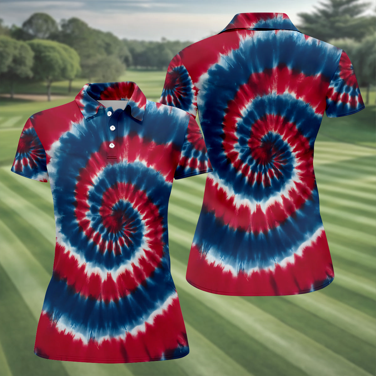 Red White Blue Tie Die Print Ladies Patriotic Golf Shirts, Ladies Sleeveless Polo, Women's Polo Shirt