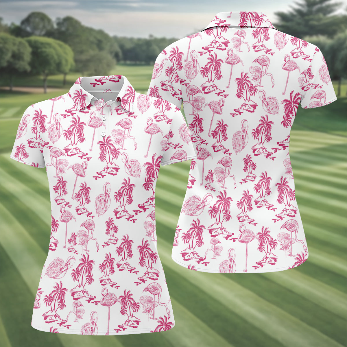 White And Pink Flamingo Tropical Women's Golf Shirts, Ladies Sleeveless Polo, Ladies Golf Shirts