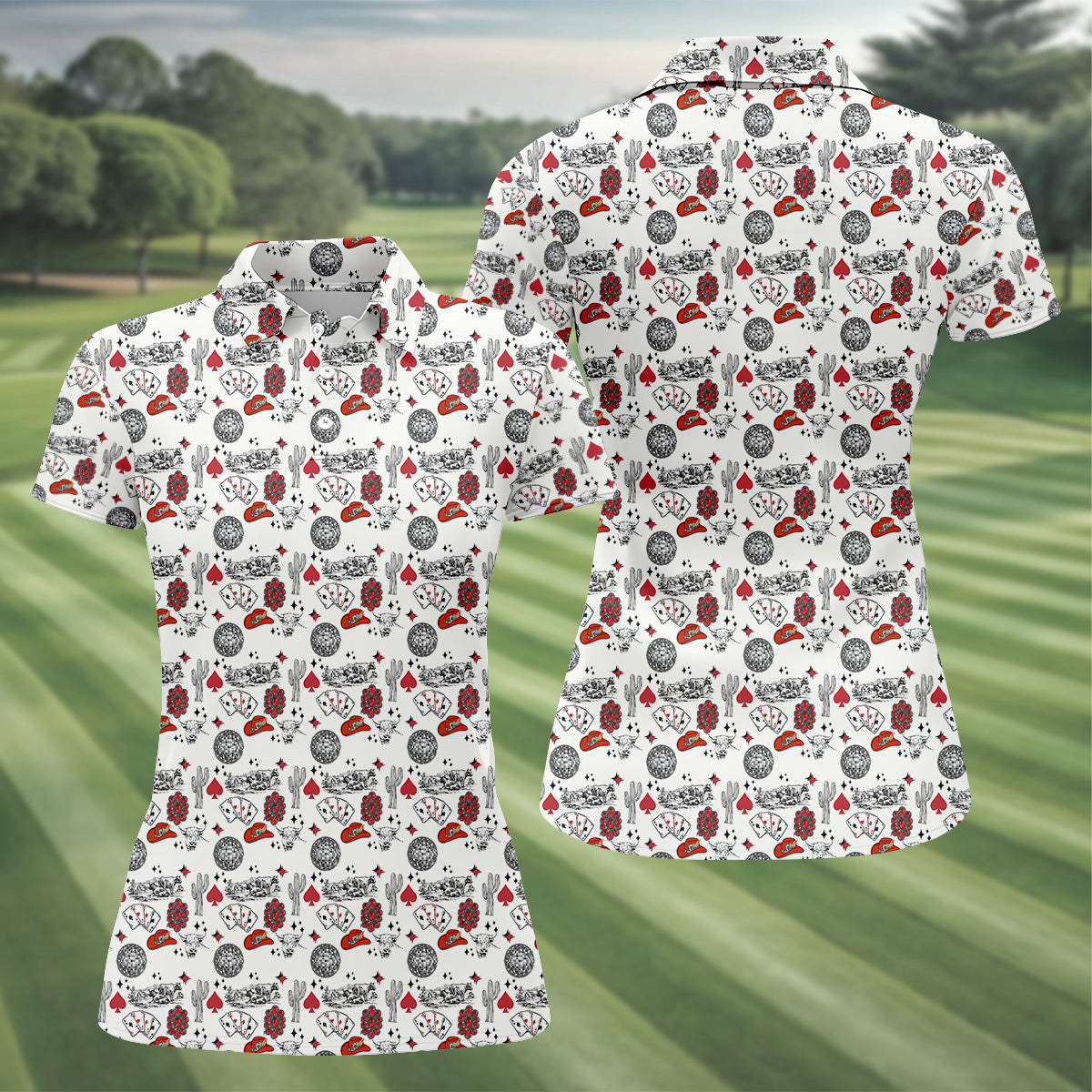 Western Cards Red Cowgirl Hat Seamless Pattern Golf Shirt For Women, Ladies Golf Polos, Golfing Apparel
