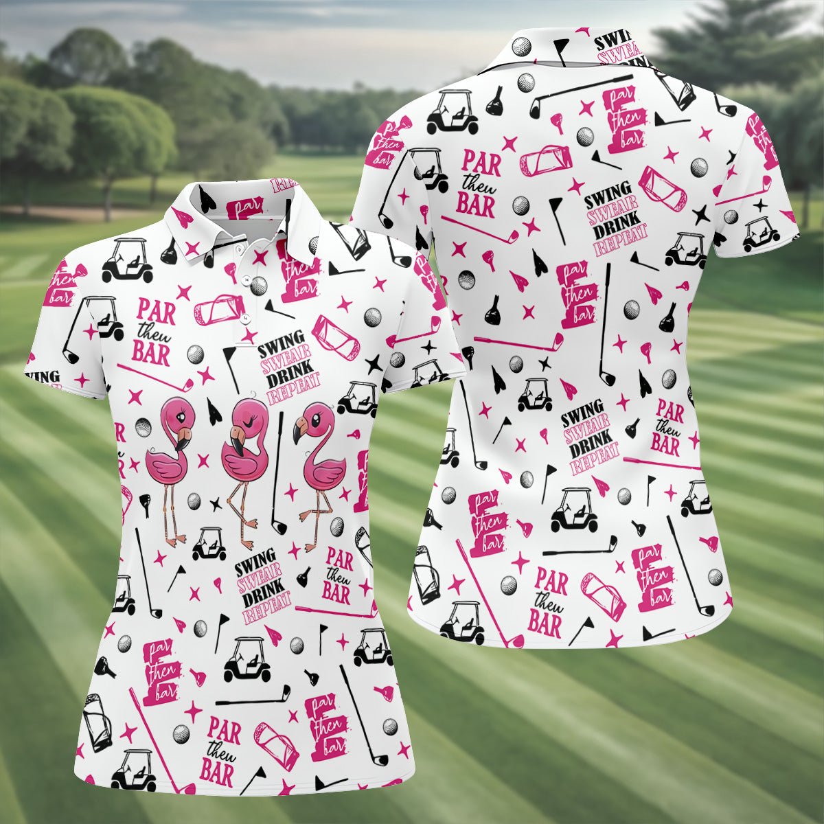 Swing Swear Drink Repeat Par Then Bar Flamingo Golf Shirt, Fun Women's Golf Shirts, Ladies Golf Polos