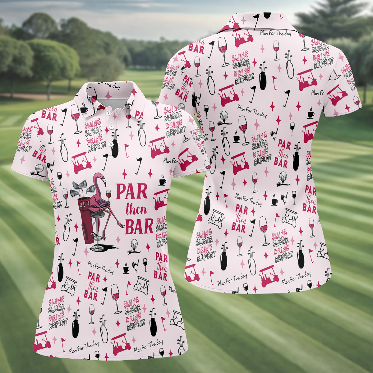 Pink Swing Swear Drink Repeat Par Then Bar Flamingo Golf Shirt, Fun Women's Golf Shirts, Ladies Golf Polos