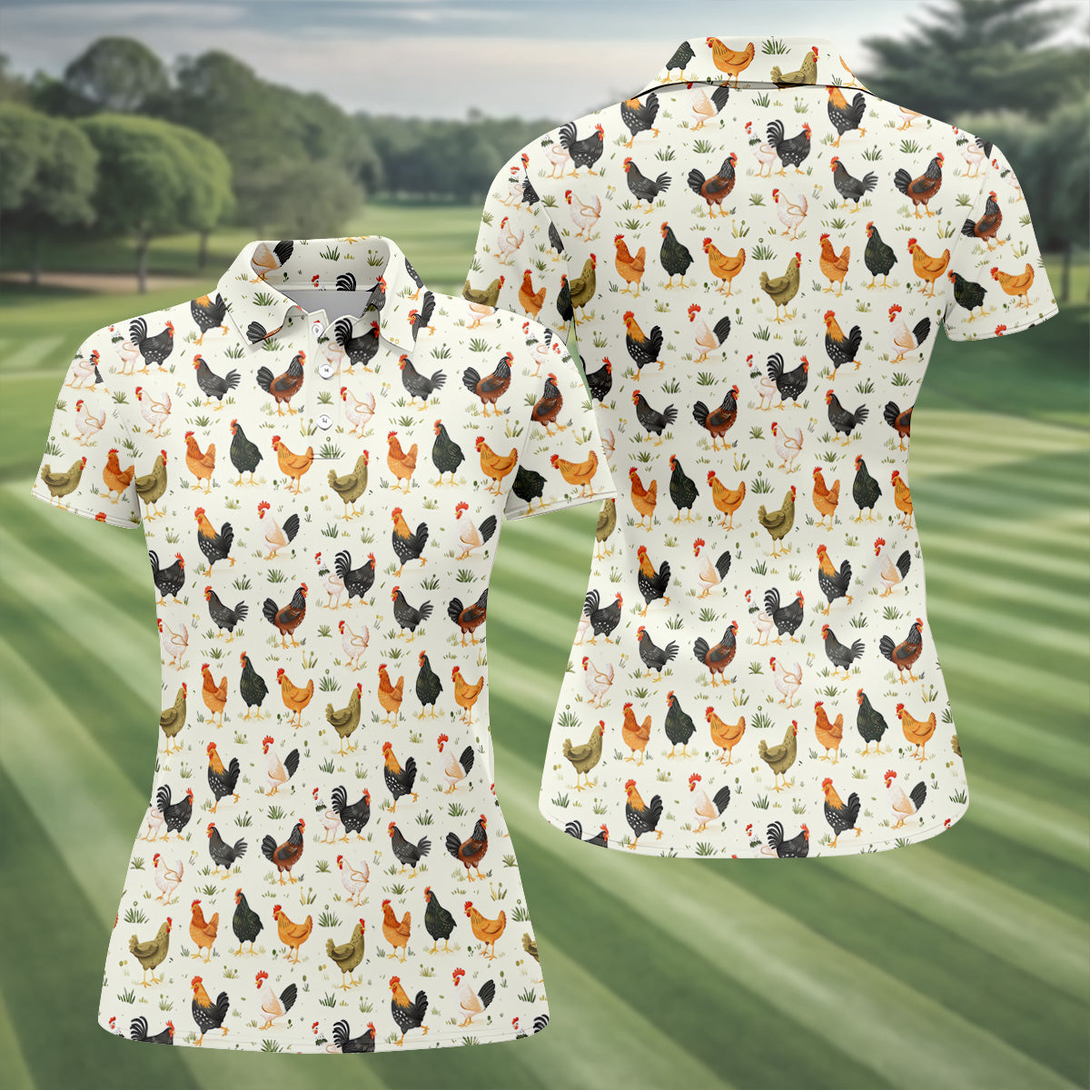 Chicken Rooster Beige Women Golf Top, Gift For Chicken Lover, Ladies Golf Shirts, Women's Polo Shirt