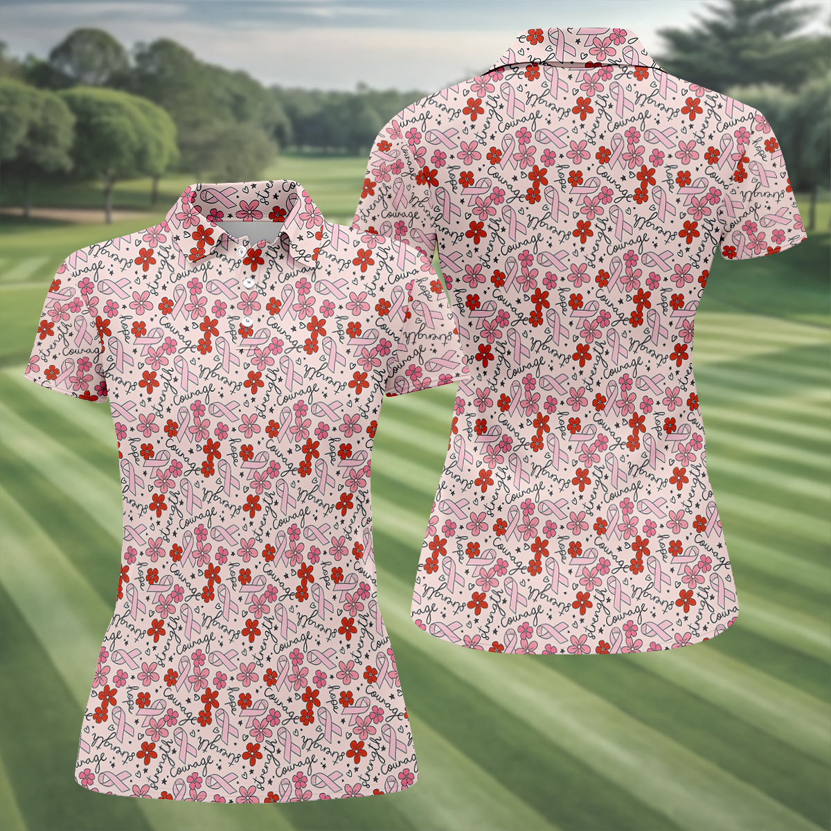 Breast Cancer Awareness Ribbon Floral Shirt Women, Cancer Awareness Shirt, Ladies Golf Shirts
