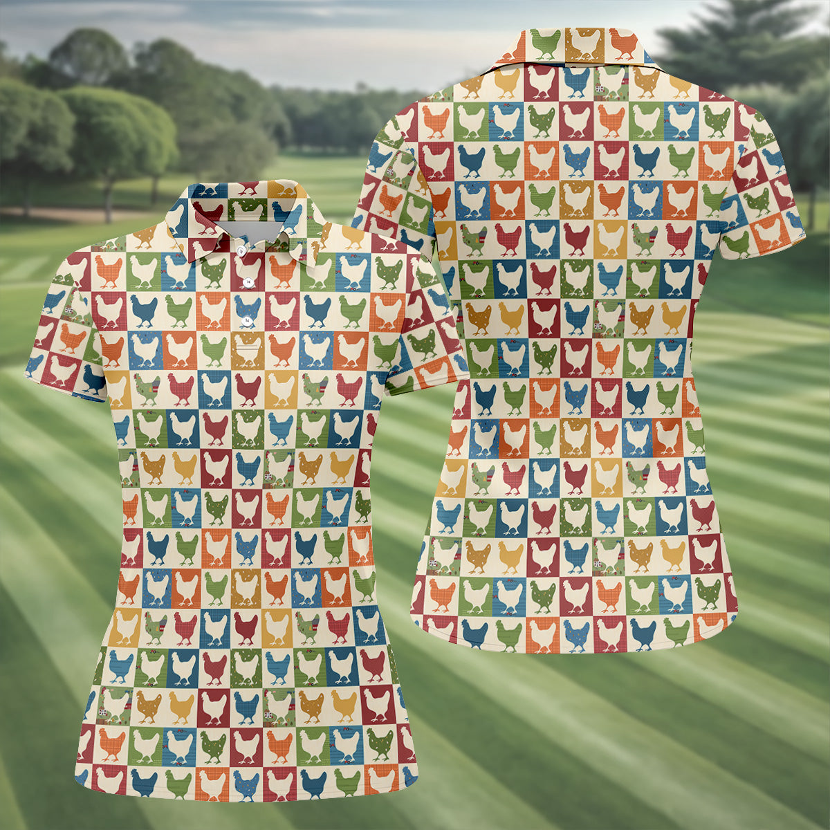 Chicken Rooster Colorful Checkered Women Golf Top, Gift For Chicken Lover, Ladies Golf Shirts