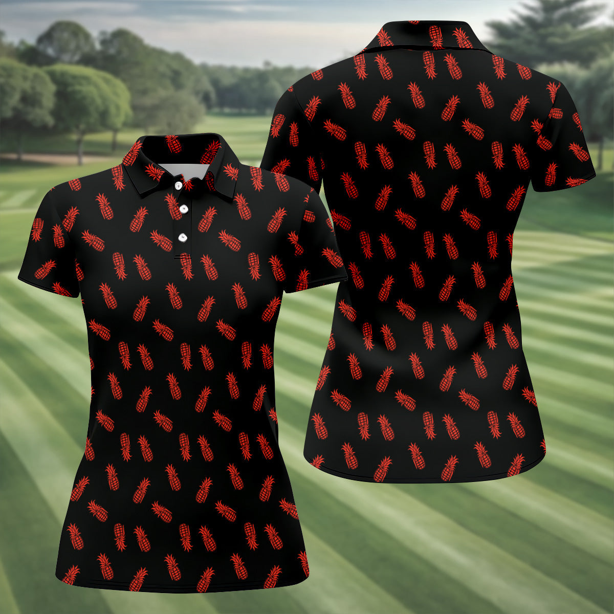 Pineapple Grenade Black And Red Women Golf Top, Cool Golf Gift, Ladies Golf Shirts