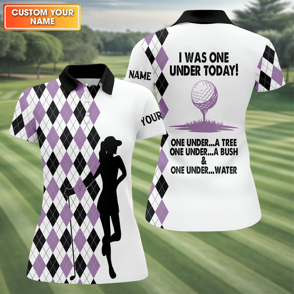 I Was One Under Today Purple Black Argyle Fun Womens Golf Shirts, Ladies Golf Tops, Unique Gift For Golfer