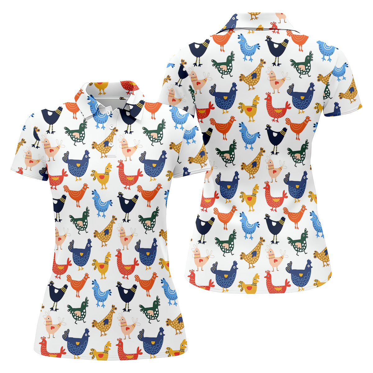 Colorful Animated Chickens White Polo Women, Gift For Chicken Lover, Ladies Golf Shirts, Golfing Apparel