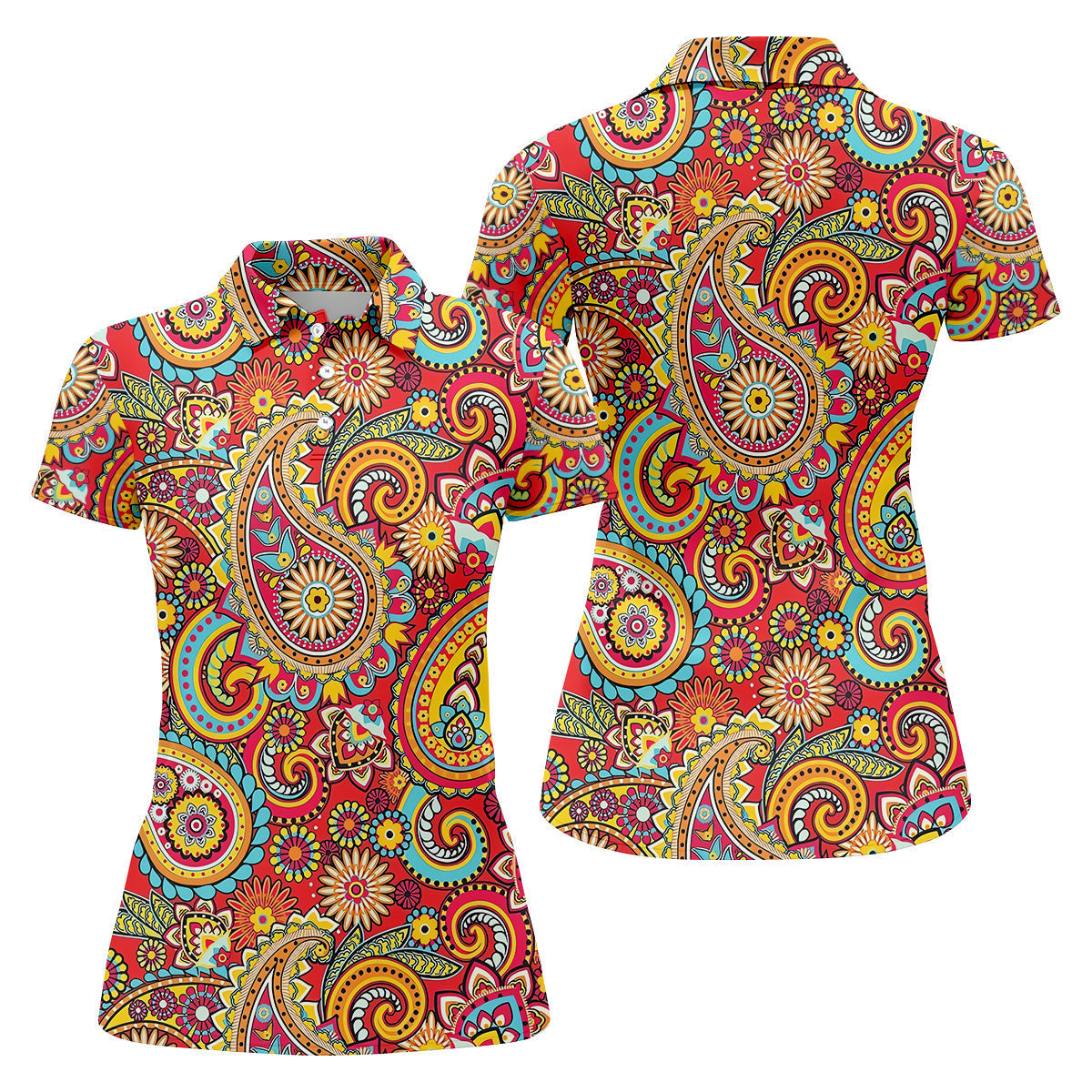 Red Paisley Seamless Pattern Women Golf Top, Golf Shirt For Women, Women's Polo Shirt