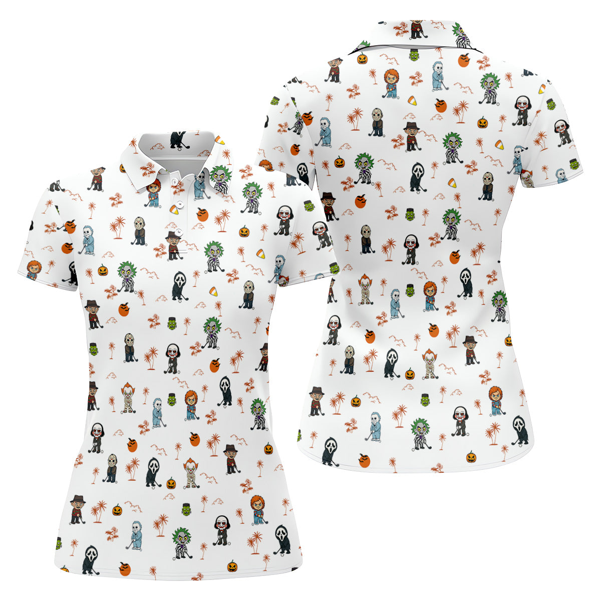 Horror Halloween Character Women's Hawaiian Golf Shirts, Womens Golf Tops, Horror Movie Shirt