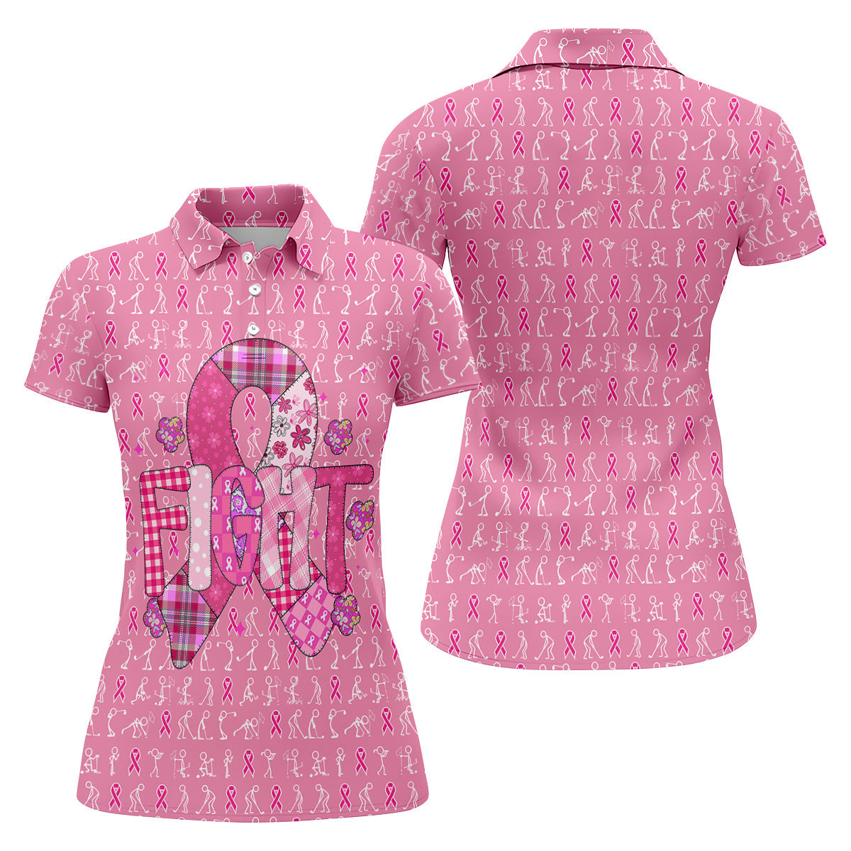Funny Stick Figure Women's Golf Shirt, Breast Cancer Awareness Shirt, Ladies Golf Polos, Golfing Apparel