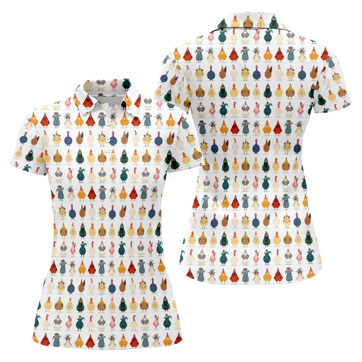Whimsical Chicken Funny Golf Shirts Women, Cute Golf Outfit, White Polo Women, Ladies Golf Shirts