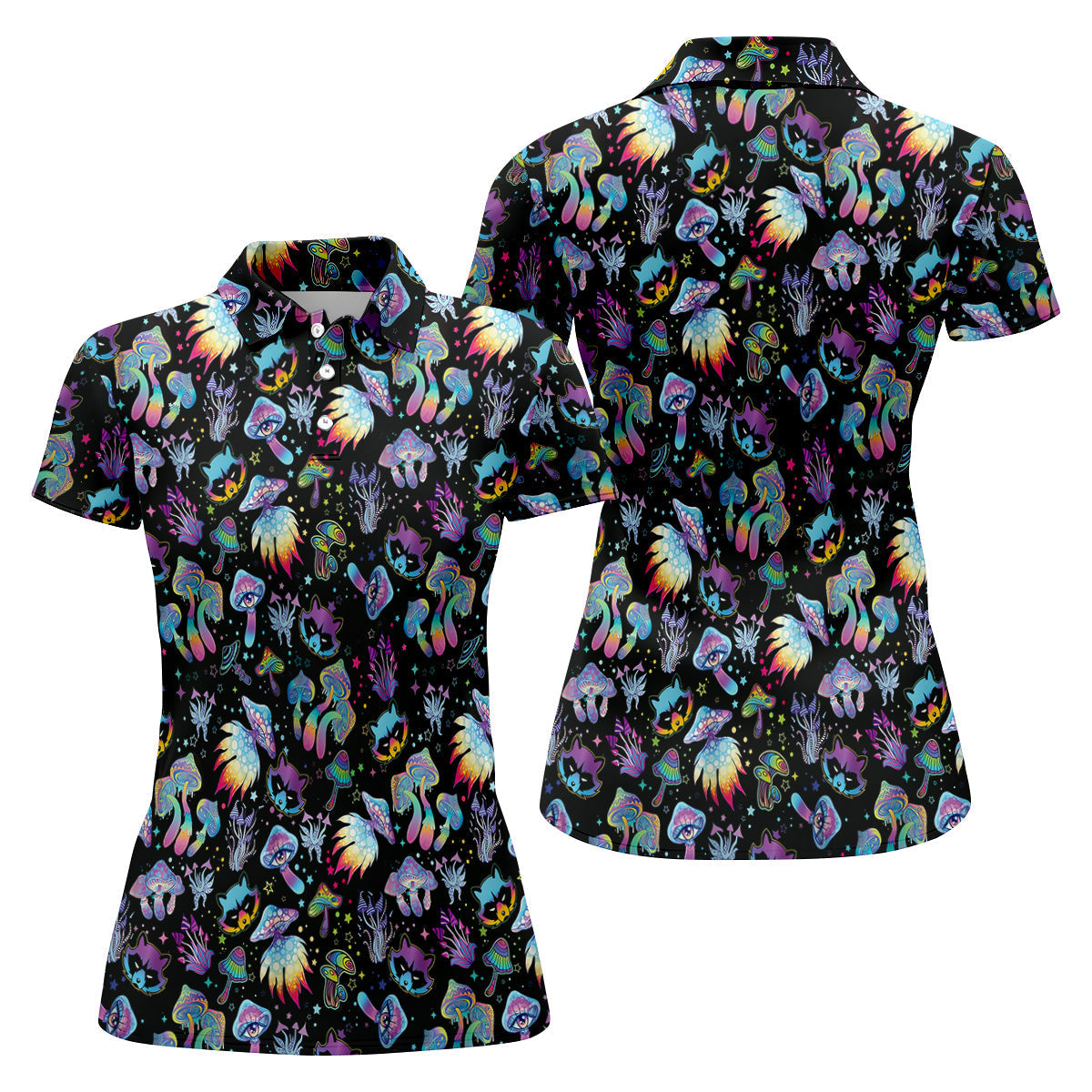Funny Neon Cat Alien Mushroom Women Golf Shirt, Ladies Golf Polos, Cool Golf Gift