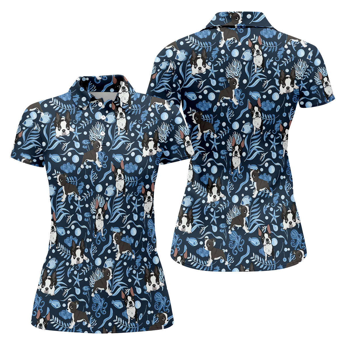 Boston Terrier Ocean Vibe Blue Tropical Golf Shirts, Fun Women's Golf Shirts, Gifts For Dog Lovers