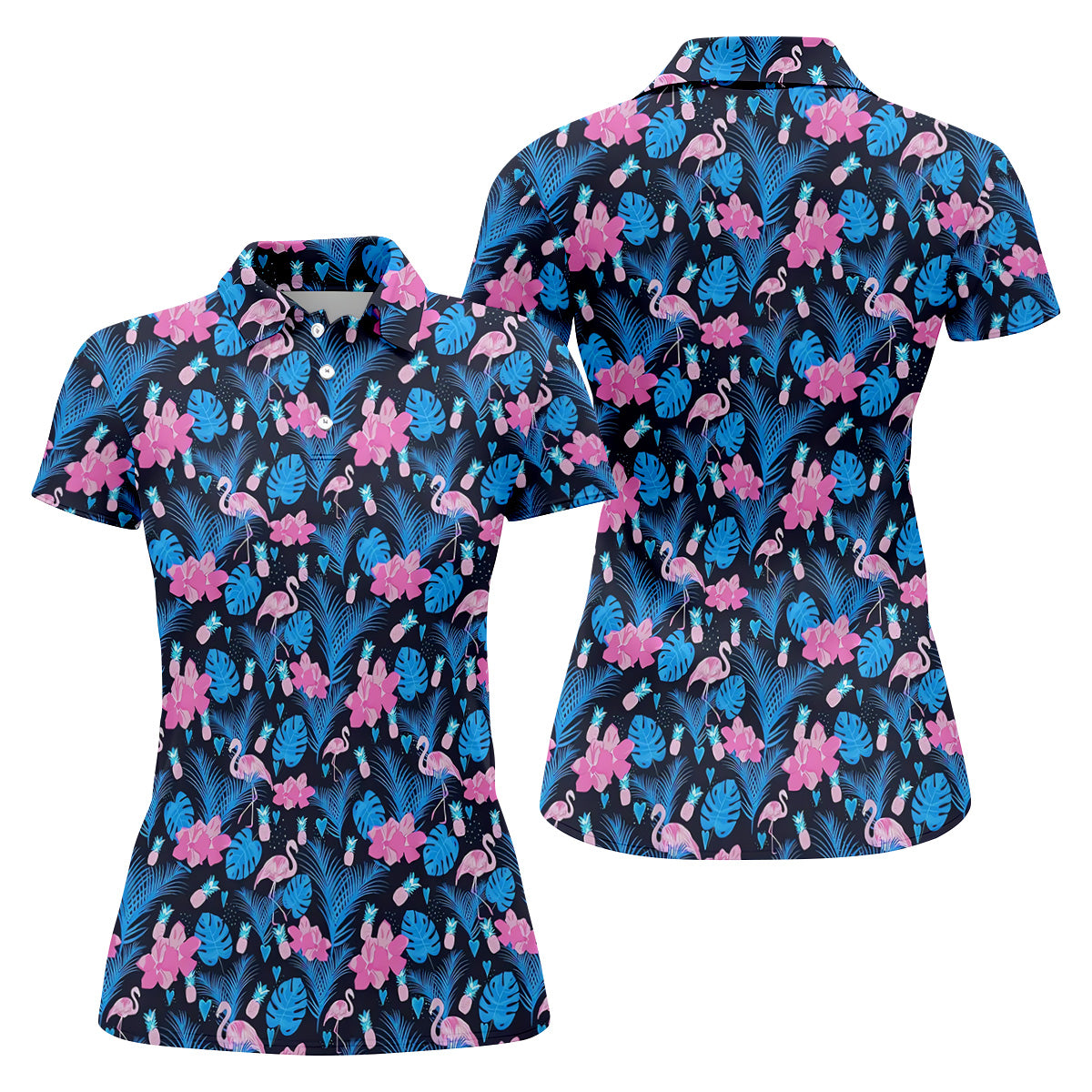 Flamingo Pink Pink And Blue Tropical Golf Shirts, Ladies Sleeveless Polo, Women's Golf Tops