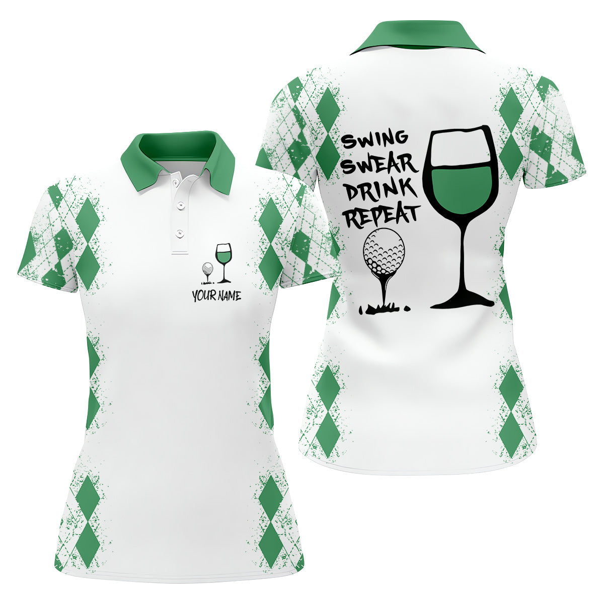 Swing Swear Drink Repeat Green Argyle Golf Shirt, Fun Womens Golf Shirts, White Polo Women, Ladies Golf Shirts