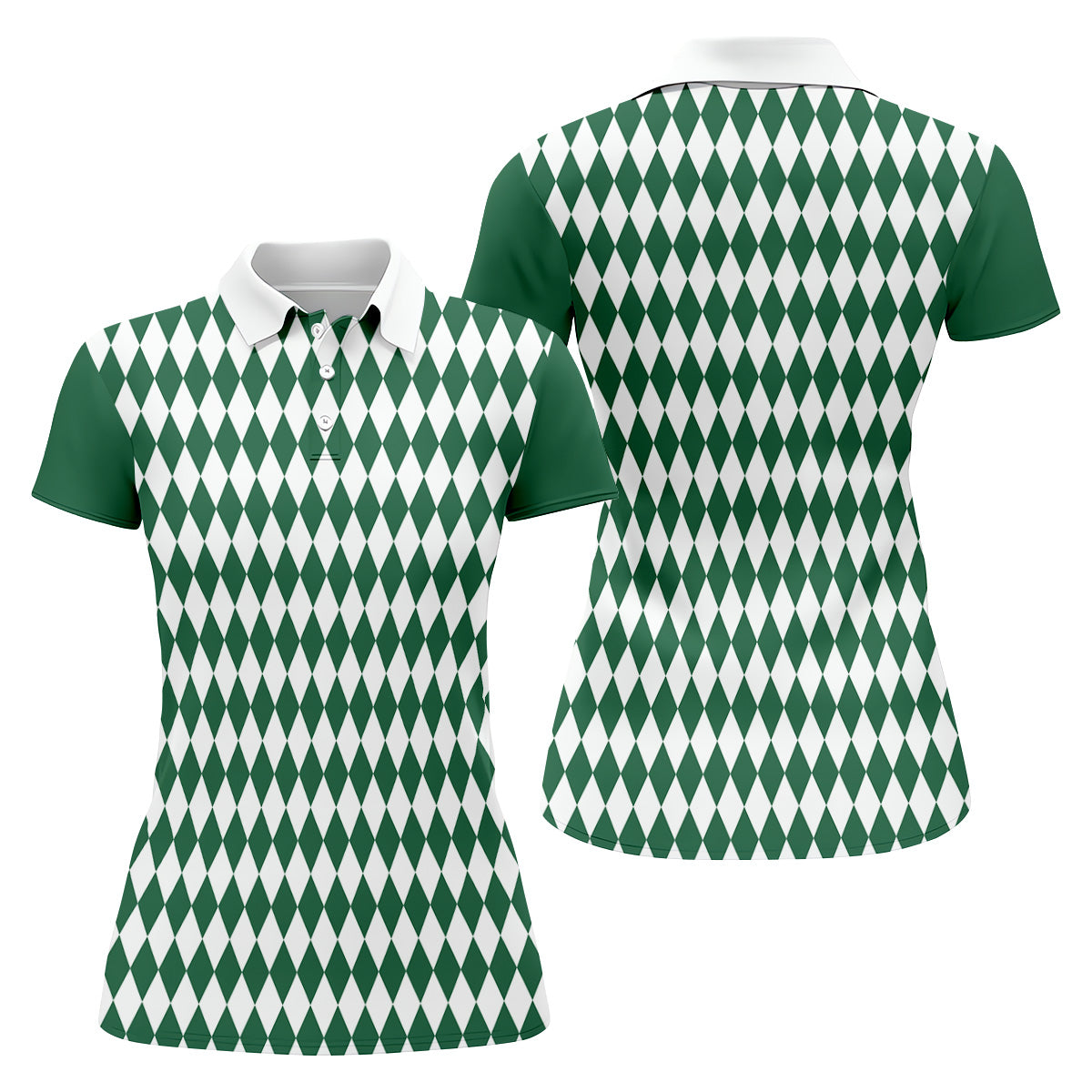 White And Green Argyle Pattern Women's Golf Shirts, Ladies Sleeveless Polo, Ladies Golf Shirts