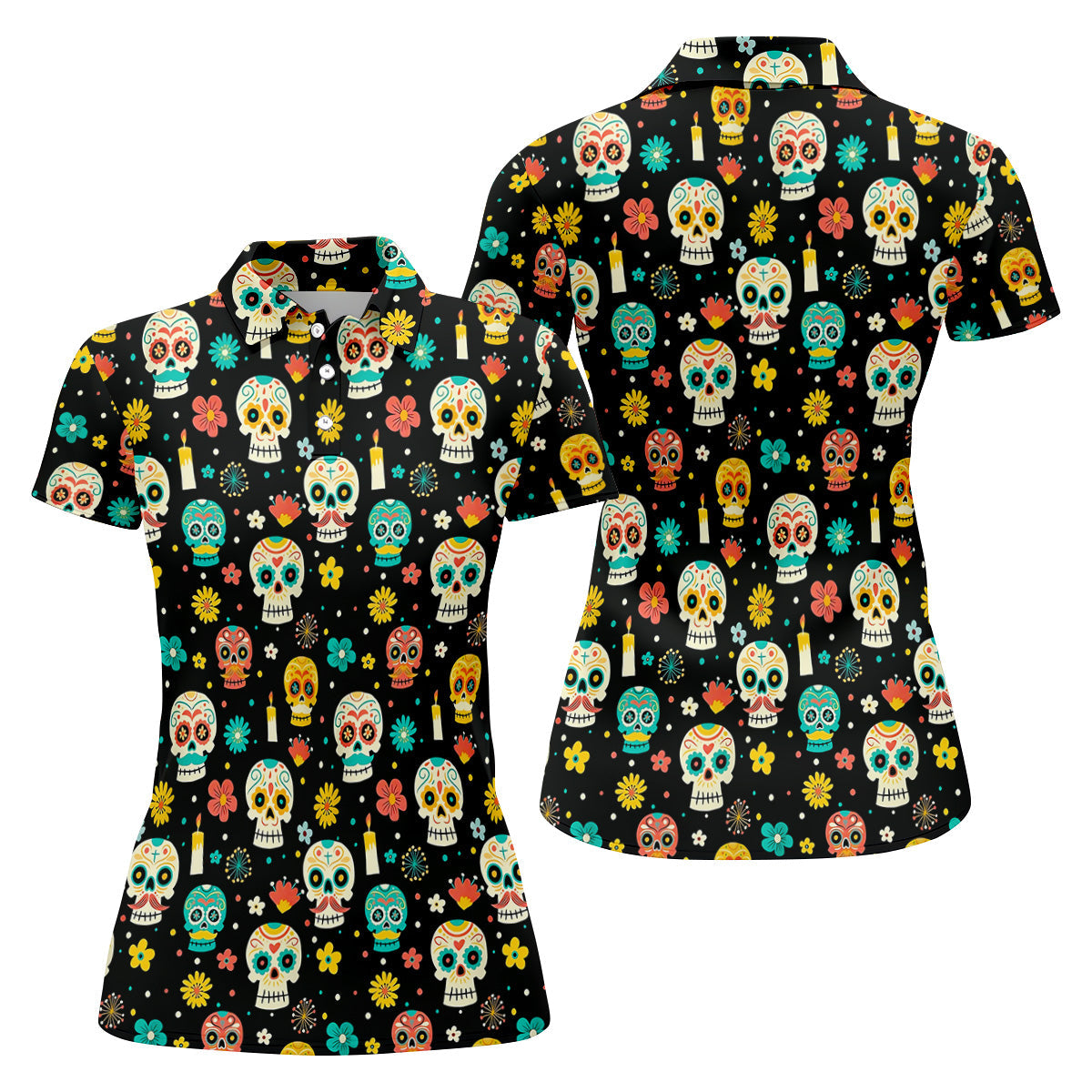 Cartoon Sugar Skull Mexican Day of the Dead Golf Shirt, Ladies Sleeveless Tops, Women's Golf Shirts
