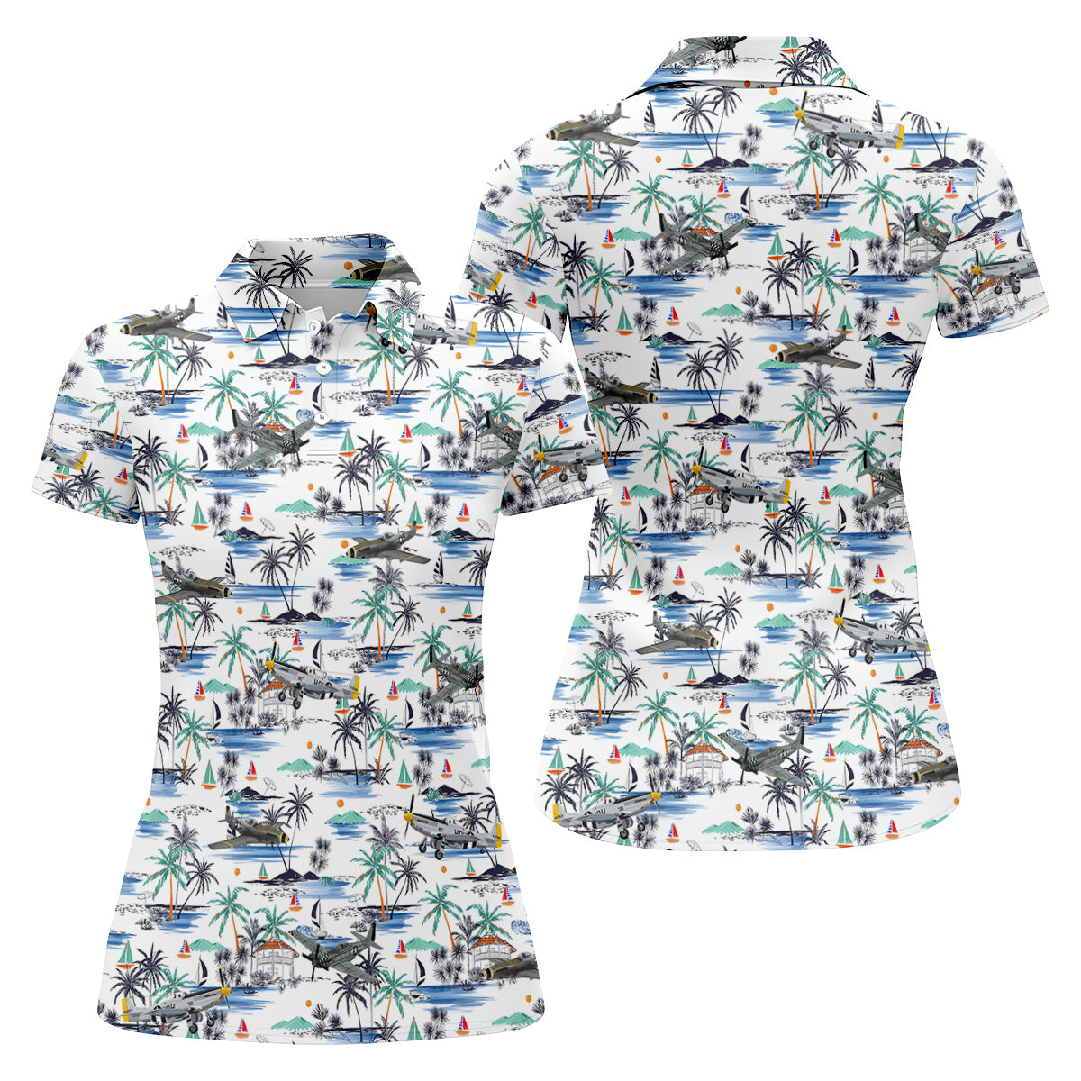 Light Blue Airplane Tropical Golf Shirts, Ladies Sleeveless Polo, Gifts For Golf Lovers, Women's Golf Shirts