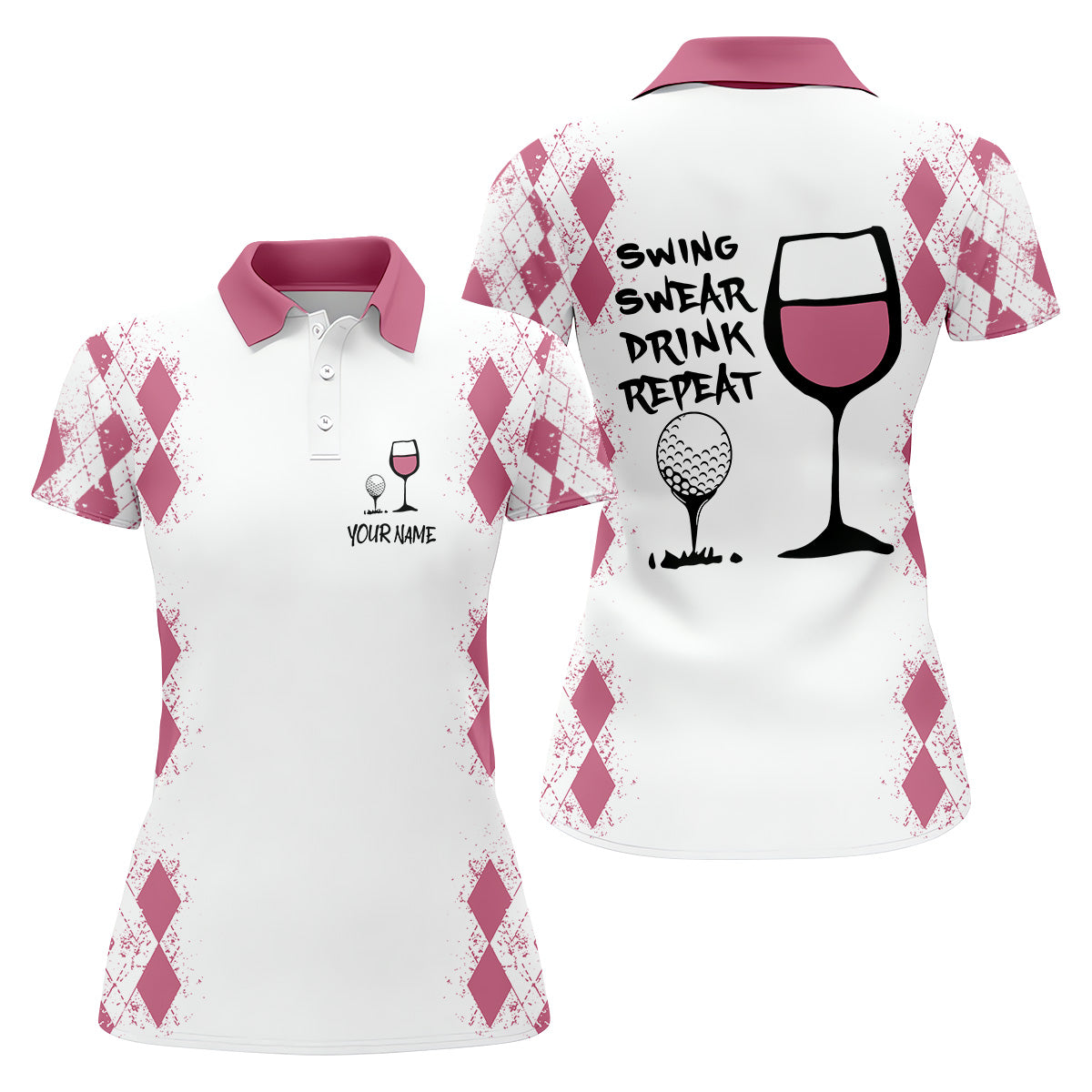 Swing Swear Drink Repeat Pink Argyle Golf Shirt, Fun Womens Golf Shirts, White Polo Women, Ladies Golf Shirts