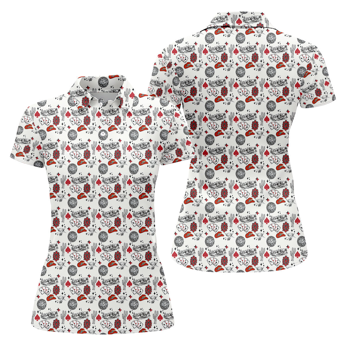 Western Cards Red Cowgirl Hat Seamless Pattern Golf Shirt For Women, Ladies Golf Polos, Golfing Apparel