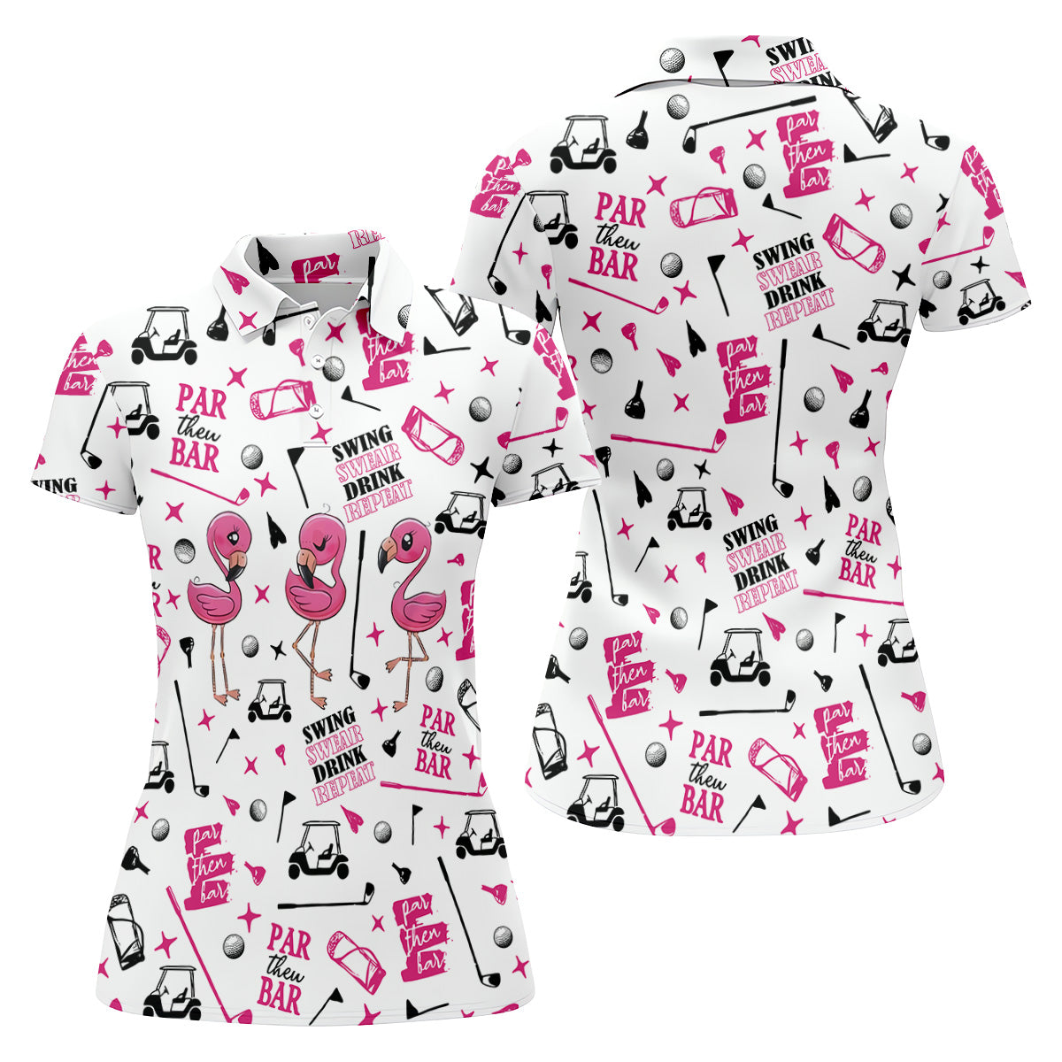 Swing Swear Drink Repeat Par Then Bar Flamingo Golf Shirt, Fun Women's Golf Shirts, Ladies Golf Polos