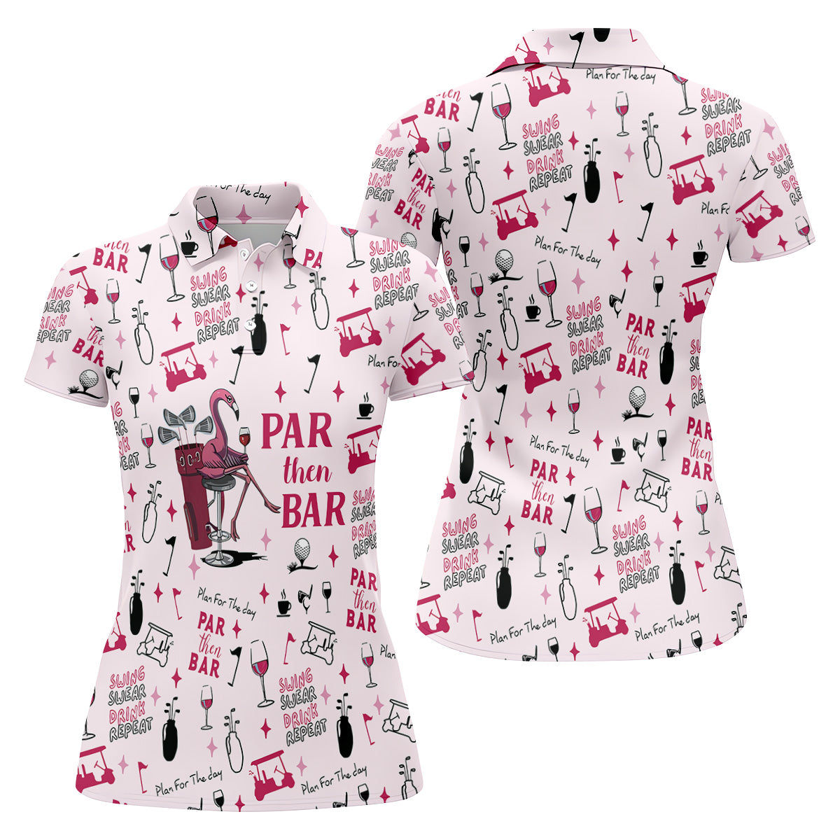 Pink Swing Swear Drink Repeat Par Then Bar Flamingo Golf Shirt, Fun Women's Golf Shirts, Ladies Golf Polos