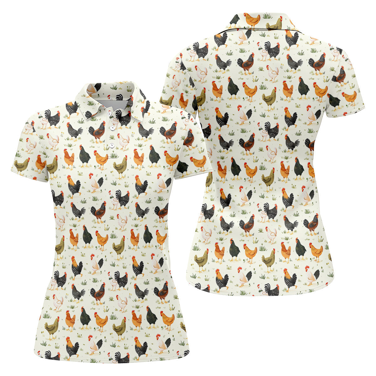 Chicken Rooster Beige Women Golf Top, Gift For Chicken Lover, Ladies Golf Shirts, Women's Polo Shirt