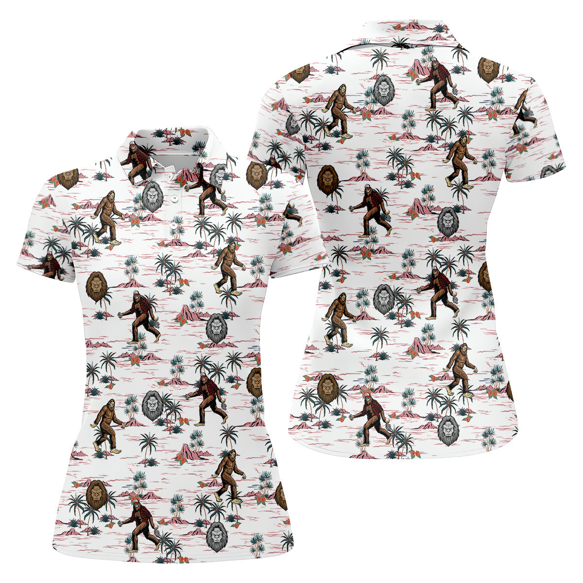 White Funny Sasquatch Tropical Golf Shirts, Funny Golf Shirts Women, Ladies Golf Shirts, Golfing Apparel